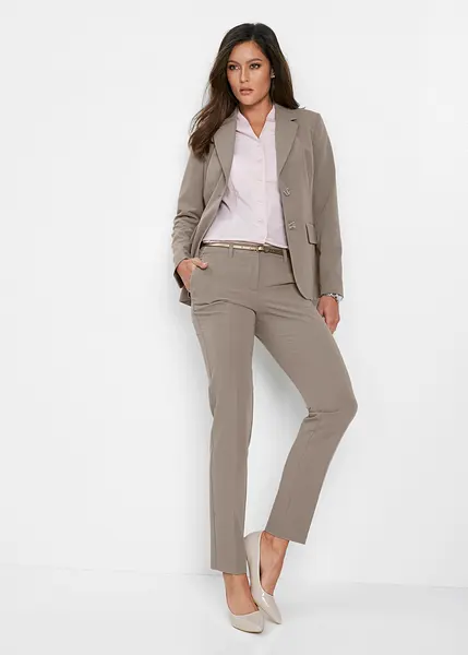 Tweedelig pak voor dames, kantoor, business, lange mouwen, jas, broekpak, slim fit, broekjas, pak, set, dames, elegant, koffie, XXL