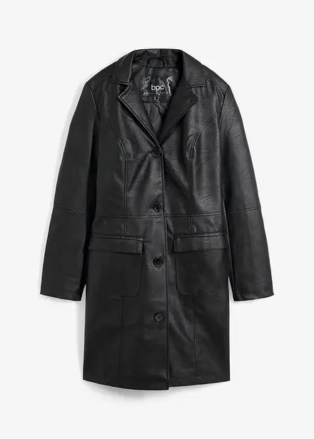 Lange imitatieleren jas met revers, getailleerd
