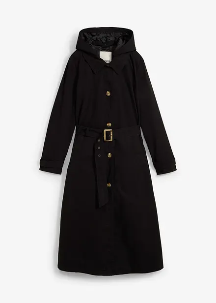 Kuitlange jas in trenchcoat stijl met afneembare capuchon