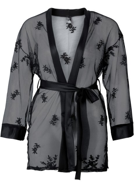 Verdorde Bedrijf pil Transparante kimono met satijnen bindceintuur - zwart