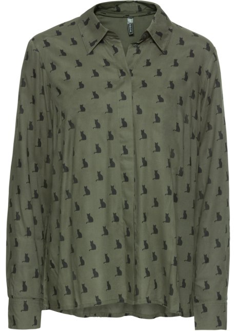 Super Coole blouse in boxy-stijl - olijfgroen/zwart gedessineerd KQ-72