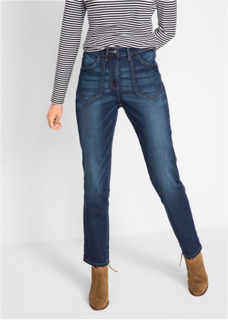 Modieuze stretch jeans met een deels band en een hoge taille - donkerblauw denim