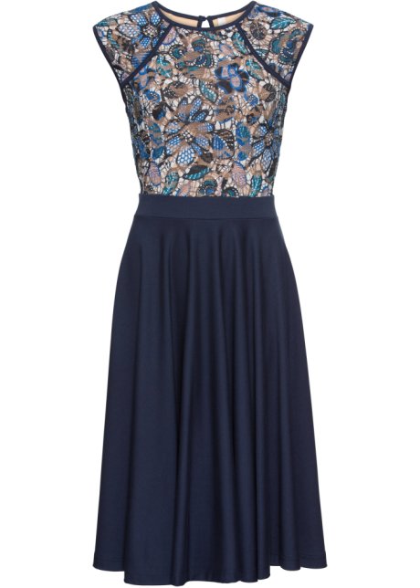 Verdampen architect schelp Midi jurk met kant - donkerblauw gebloemd