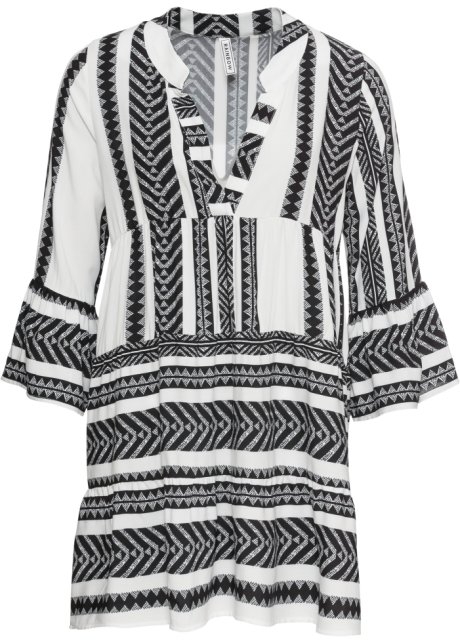 Stylish jurk met een V-hals en volants op mouwen - zwart/wit