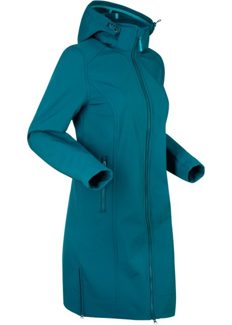 Doorzichtig Iedereen Talloos Waterafstotende, lange softshell jas met een afneembare capuchon en een  elastiek op de rug - blauwpetrol