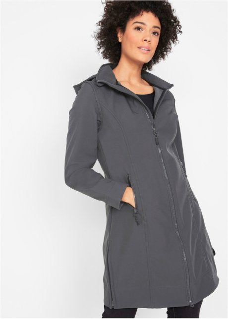 Rijd weg kloof Maand Waterafstotende, lange softshell jas met een afneembare capuchon en een  elastiek op de rug - antraciet