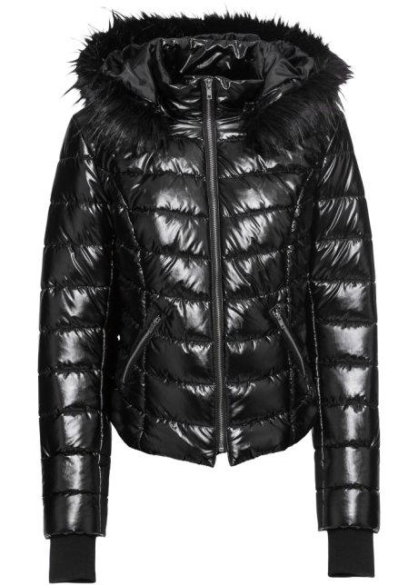 Stylish, gewatteerde jas een capuchon met imitatiebont - zwart metallic