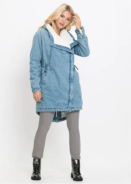 Lange denim jas met teddy, bonprix