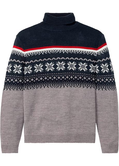Trendy heren coltrui met een Noors patroon grijs gemêleerd Heren trui met een ronde hals en een trendy Noors patroon