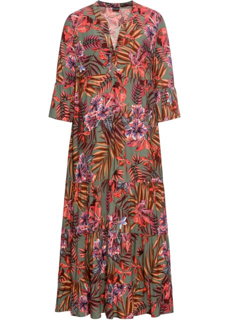 Pa insect Omzet Moderne jurk met een diep decolleté en een mooie print - olijfgroen/rood  gebloemd, K-maat