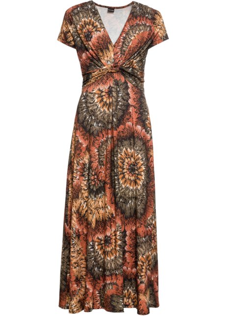 mooi zo Afgekeurd Klagen Moderne, lange jurk van jersey met een mooie print - bruin/olijfgroen  gedessineerd