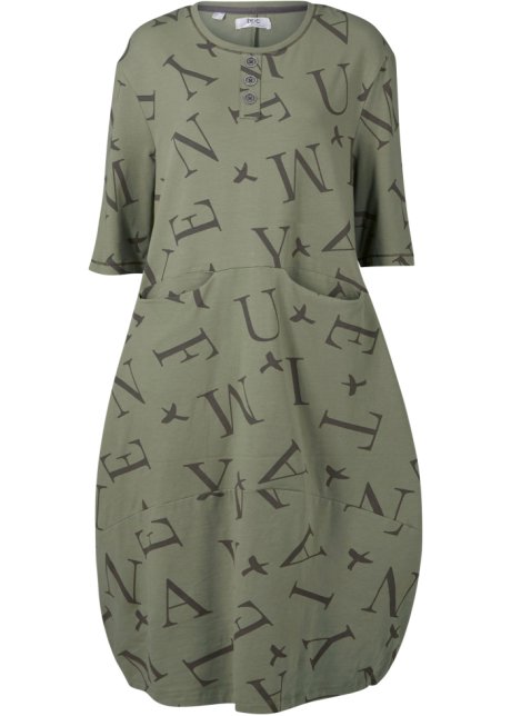 Overstijgen fundament vrouwelijk Wijde jurk met zakken, een decoratieve knoopsluiting en korte mouwen -  olijfgroen gedessineerd