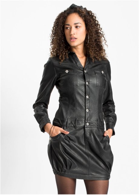 ga werken Absurd Vergoeding Trendy imitatieleren jurk met een knoopsluiting - zwart
