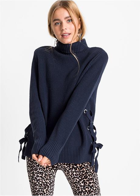 Oversized trui met vetersluitingen donkerblauw Dames Oversized trui met vetersluitingen donkerblauw Dames