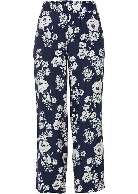 Gedessineerde instapbroek met wijde pijpen en twee steekzakken -  donkerblauw gebloemd