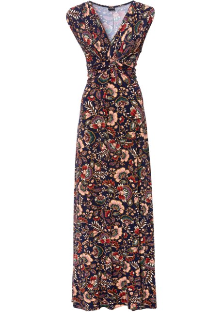 Versnipperd Middelen Mus Moderne, lange jurk met een knoopdetail - donkerblauw gedessineerd, K-maat