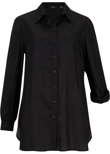 vrede Spreekwoord prieel Moderne, lange blouse met een doorlopende knoopsluiting en splitten opzij  voor meer bewegingsvrijheid van viscose in lichte O-lijn - zwart