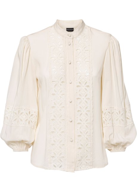 modder zijde Zuivelproducten Speelse blouse met kant en pofmouwen - vanille