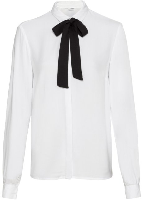 Fondsen verzonden Trots Elegante blouse met een striklint bij de kraag, een blinde knoopsluiting en  decoratieve parels op de mouwen - wit/zwart