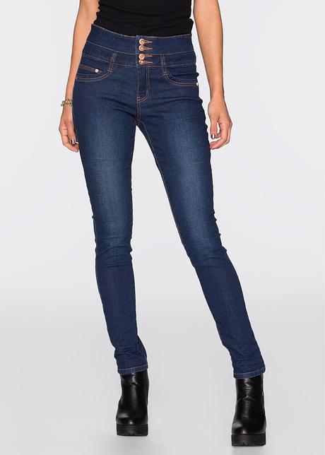 Feminiene skinny jeans met een hoge taille en een opvallende knoopsluiting  - donkerblauw denim