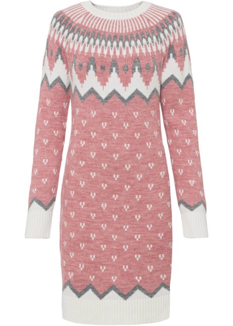 Mam Memo tot nu Moderne, gebreide jurk met een mooi, winters patroon - roze/wolwit/grijs  Noors patroon