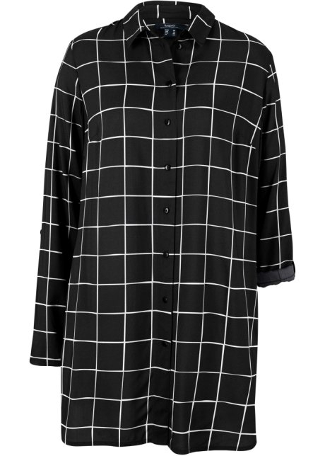 vallende, lange blouse met een ruitpatroon en knoopsluiting - zwart/wolwit geruit