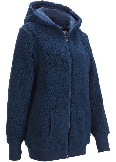 Vrouw gedragen monteren Comfortabel vest van teddy fleece met een capuchon - donkerblauw
