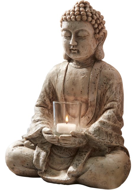 Herziening appel Saga Sfeervol en rustgevend: decoratiefiguur Boeddha met windlicht - grijs