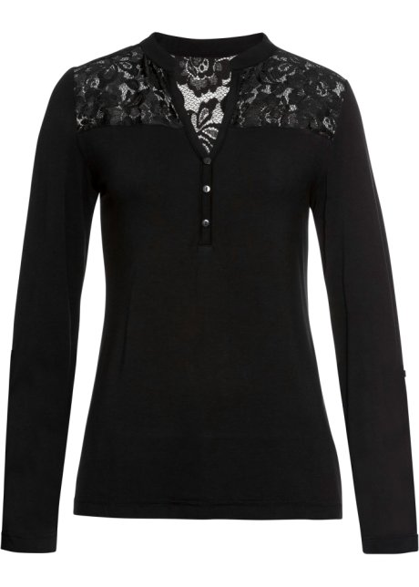 Ongelofelijk Eindeloos Rechtsaf Shirt met lange mouwen, kanten inzet en decoratieve knopenlijst - zwart