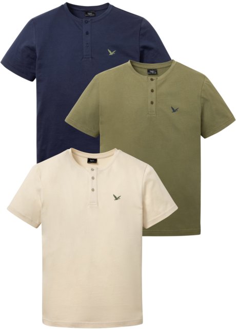 Dij Respectievelijk Ritmisch Mooie Henley shirts in een set van 3 met een kleine print op de borst -  olijfgroen+beige+donkerblauw