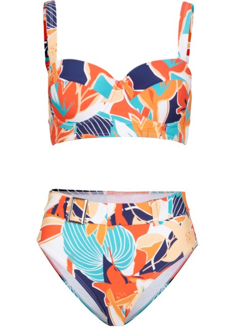 Trendy balconette bikini met softcups en een hoog bikinibroekje - wit/blauw/koraal Cup C