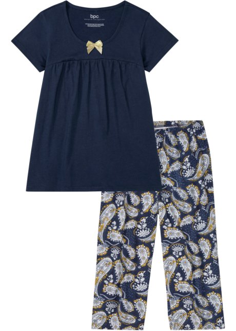 Wrak paar verbrand Klassieke 3/4 pyjama met een strikje - donkerblauw gedessineerd