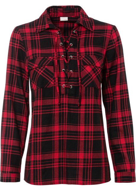 Kosciuszko Analytisch geluid Stylish blouse met strikkoordjes voorop - rood/zwart geruit