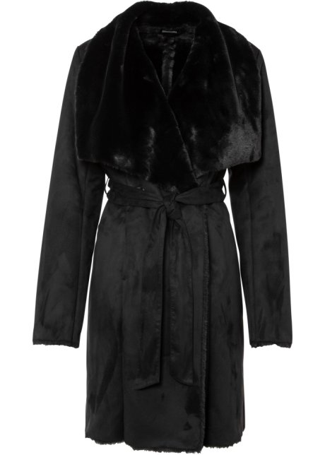 Heerlijk zachte, lange lammy coat met een ceintuur - zwart