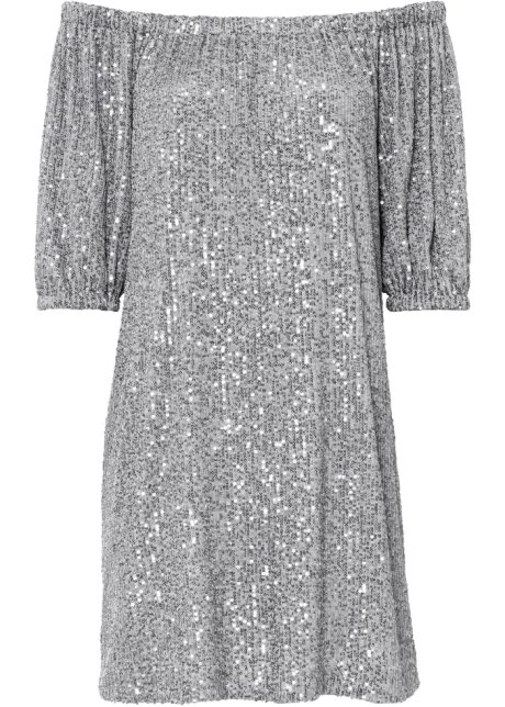 Dakraam Genre geest Stylish jurk met een mooie carmenhals - metallic zilver