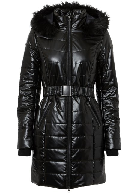 voorbeeld Grijpen Stuiteren Lange, trendy winterjas van glanzend materiaal met een afneembare capuchon  - zwart glanzend