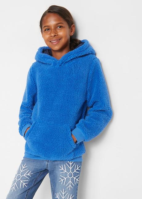 Heerlijk zachte trui van teddy fleece met een capuchon - gletsjerblauw