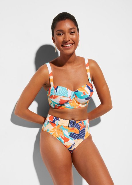 Maan goedkoop nieuwigheid Trendy balconette bikini met softcups en een hoog bikinibroekje - wit/blauw/koraal  gedessineerd, Cup D