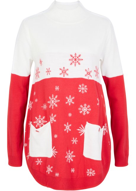 diepvries Bij elkaar passen Preek Lange trui met opgestikte zakken en kerstmotieven - wolwit/rood