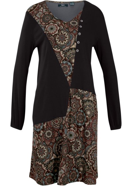 Cilia puree Uitdaging Jersey jurk in patchworklook met lange mouwen en een asymmetrische  knoopsluiting - zwart gedessineerd