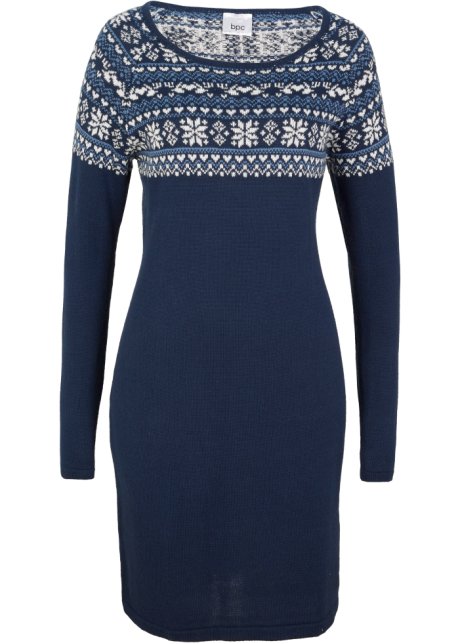 Gebreide jurk met jacquardpatroon - donkerblauw Noors
