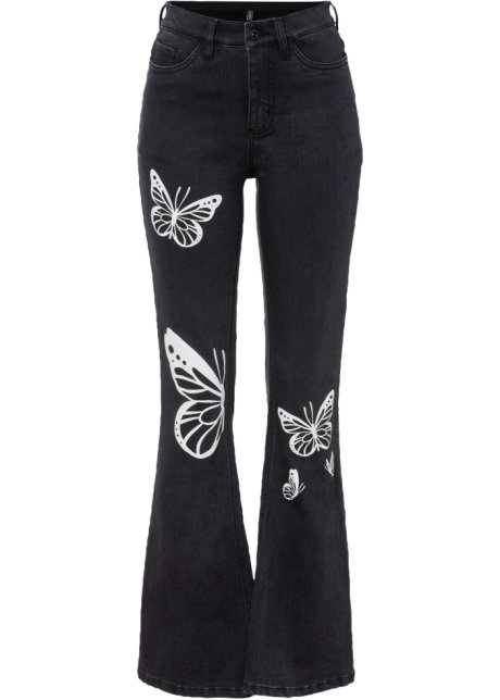 Bemiddelaar Stimulans Beangstigend Trendy flared broek met contrastkleurige vlinders - zwart denim, N-maat