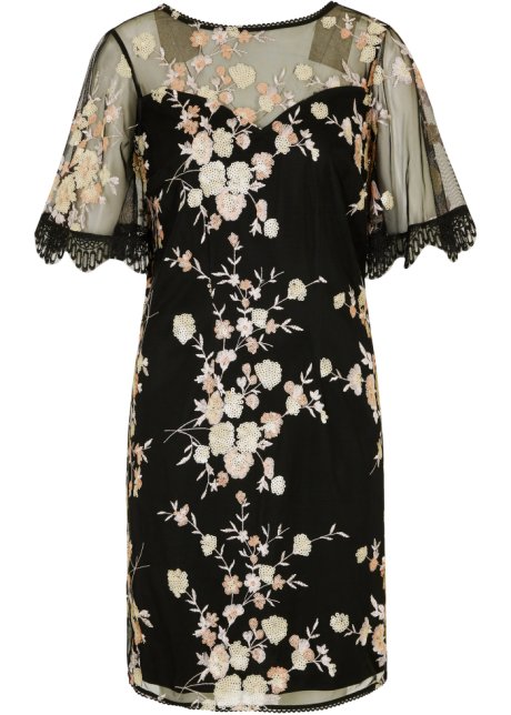 Elegante jurk met all-over met zwart/beige/rozenhout gebloemd
