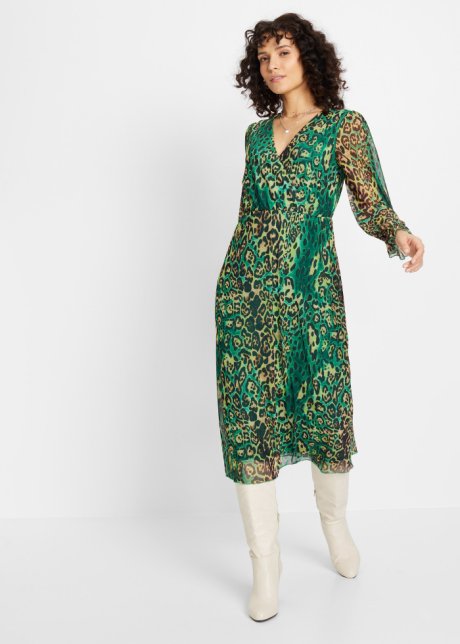 nabootsen Gooey Denken Moderne jurk met een hals in wikkellook - groen luipaardprint, N-maat