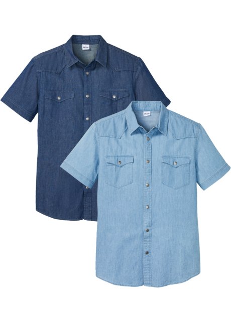 Klassiek spijkeroverhemd met klepzakken in een van 2 middenblauw denim+blauw denim