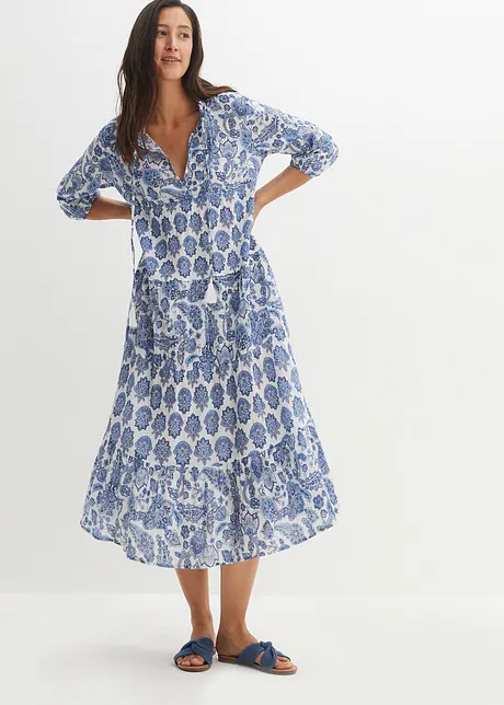 Crinkle midi jurk van katoen met zakken en 3/4 mouwen, bonprix
