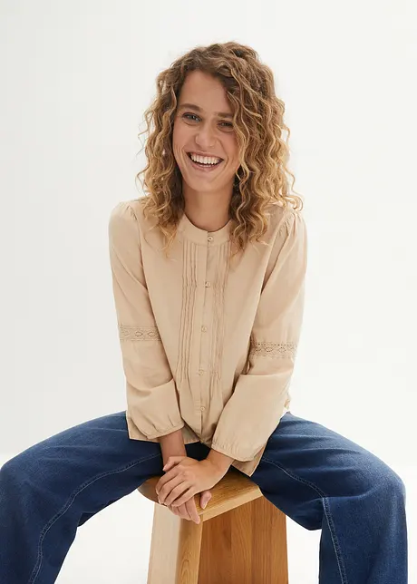 Katoenen blouse met kant, 7/8 mouw, bpc bonprix collection