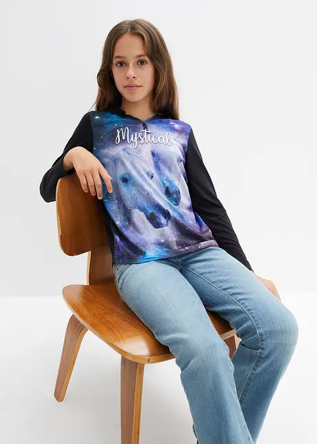 Meisjes longsleeve met capuchon en fotoprint, bonprix