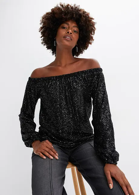 Oversized carmen-shirt met pailletten, bonprix