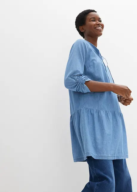 Denim tuniek met volant van biologisch katoen, lange mouw, bonprix